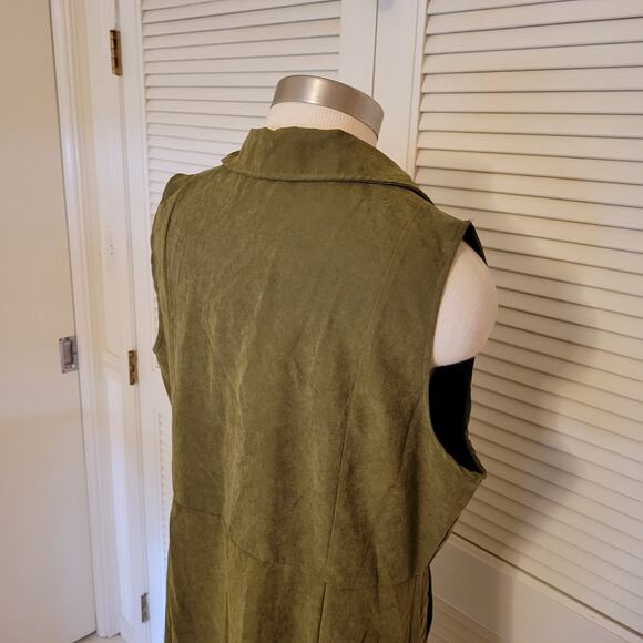 Olive Sleeveless Trench Dress XL Double Breasted V-Neck Long Layering Pockets - Picture 5 of 8